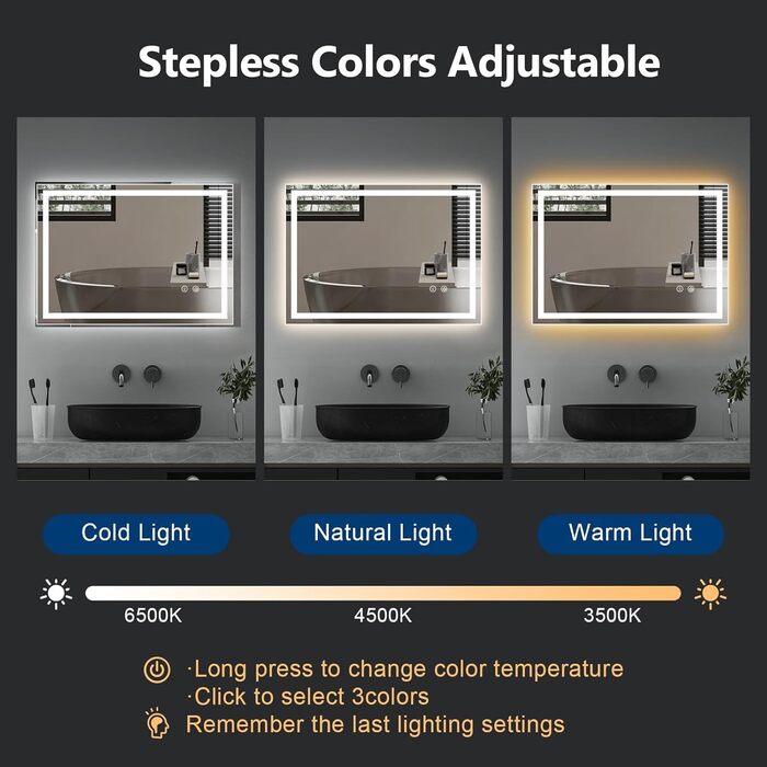 Дзеркало для ванної кімнати зі підсвічуванням 70x50 см, антизапар, сенсорне керування, 3 кольори світла, регулювання яскравості