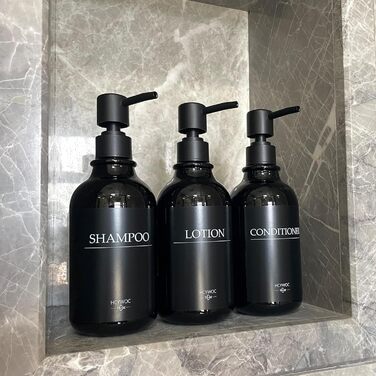 Набір дозаторів для мила та шампуню на стіну, 500 мл, 3 шт., без свердління, колір бурштиновий (чорна пляшка + чорний насос)