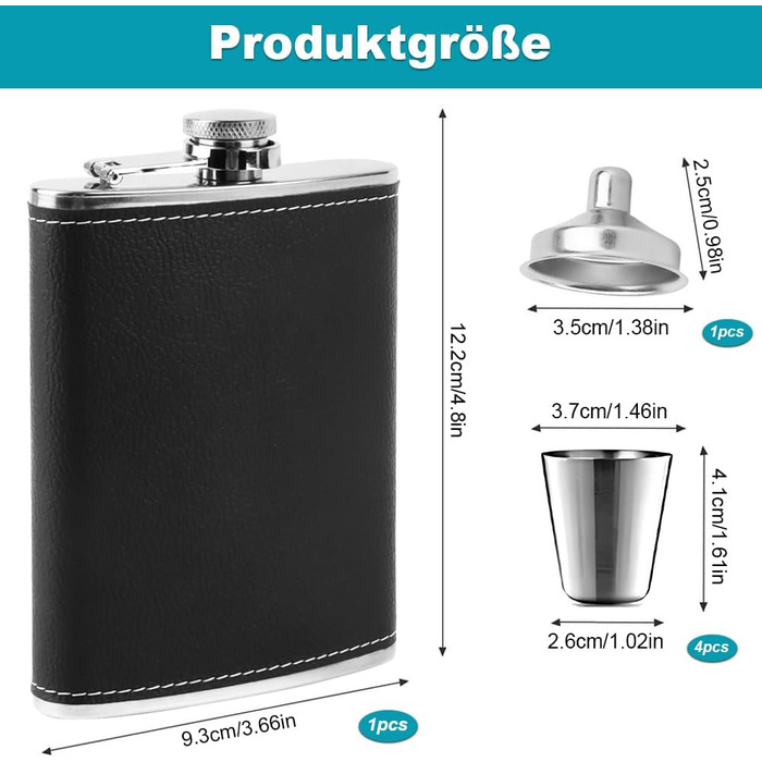 Фляга туристична 8oz з нержавіючої сталі, фляга з воронкою та 4 маленькими чашками, для алкоголю, похідна фляга для пікніків та вечірок (чорна)
