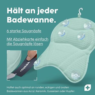 Vesta+ L Bath Pillow with Suction Cups - Tested Winner - Neck & Back Support for Bathtub - Non-Slip Bath Cushion for Bathtub & Shower (Mint)
