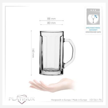 Набір скляних пивних кухлів PLATINUX Bierseidel з ручкою 6 шт. 300 мл (макс. 350 мл) для пива, прозорі, 0.3 л