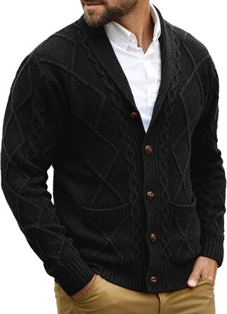 Чоловіча в'язана жилетка Comdecevis з коміром-шарфом, рельєфним в'язанням, на кнопках, з довгими рукавами, кишенями, темно-синього кольору (3XL)