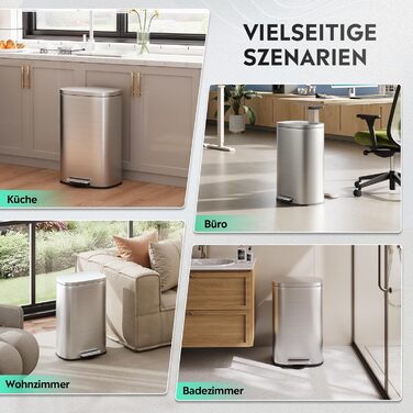 Відро для сміття WLIVE 50L з нержавіючої сталі з педальним механізмом та м'яким закриттям, для кухні, спальні, офісу, срібний