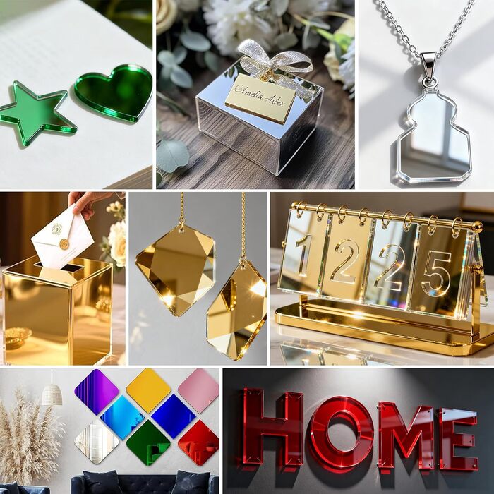 Акрилові дзеркала та пластини, 3 мм, кольорові, 20x20 см, 8 шт. для рукоділля, декору та DIY проєктів