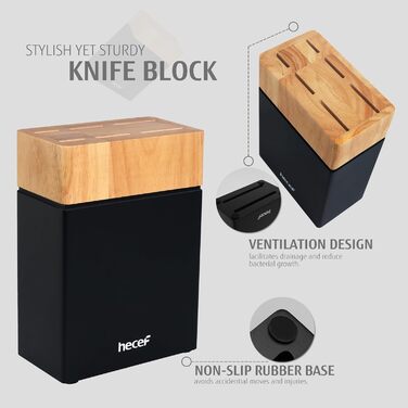 Набір ножів Hecef з підставкою 7 предметів, чорний – кухонні ножі з кованого нержавіючого сталевого леза, повний ергономічний руків'я з подвійним болстером, ергономічний дизайн, нагорода Red Dot Design Award, економія місця, ідеальний подарунок для кухні