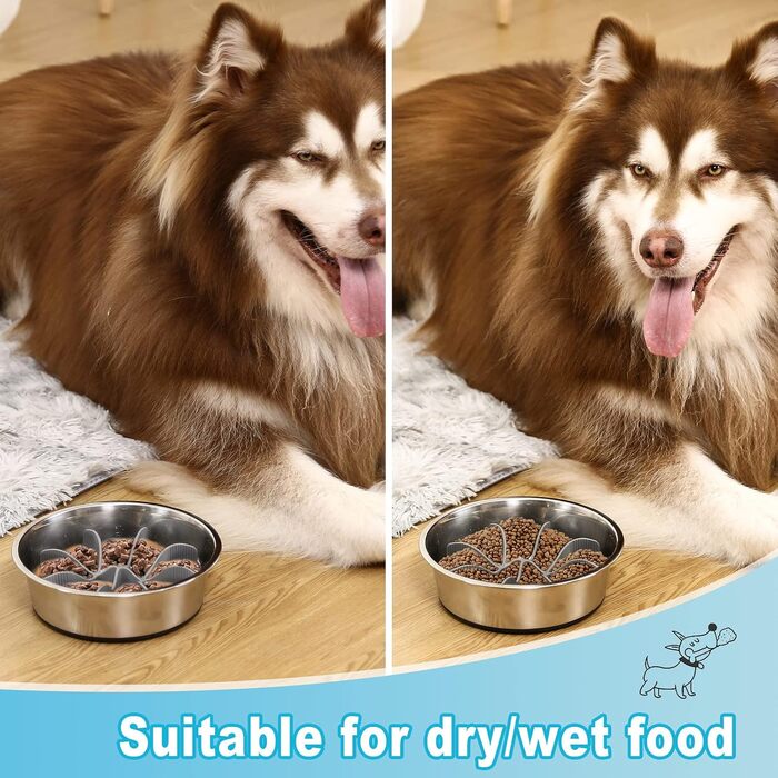 PETTOM 2 шт. миски для собак з нержавіючої сталі з антизалипанням, 2-в-1 миски для собак, годівниця для собак 1560 мл з неслизьким силіконовим дном, миска від заковтування для великих та середніх собак Ø21 см - 2 миски та 1 вставка
