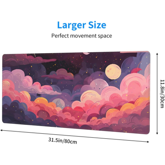 Килимок для миші Japanisches Mauspad, 90 x 40 см, стиль Аніме, дизайн Арт, великий ігровий килимок, для клавіатури та столу, антиковзаюча гумова основа, прошиті краї, для дому та офісу (X-Large, Рожевий, Фіолетовий, Хмара)