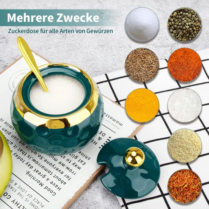 Керамічні солянки та цукерниці з кришкою та ложкою, набір для дому та кухні, зелений малюнок мармуру