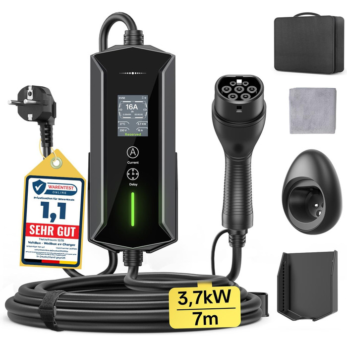 Кабель для зарядки електромобілів Schuko 3,7kW, 7м, 6-16A, 1-фазний, IP65, з LCD-дисплеєм, регульована потужність, таймер, для електромобілів та PHEV