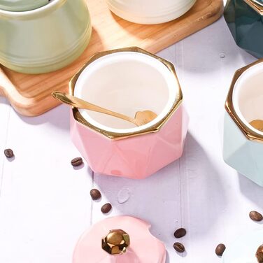 Sugar bowl with lid and spoon, 270 ml ceramic sugar bowl, multifunctional sugar container, spice container, salt shaker, spice dishes, sugar bowl for the kitchen, organization, 280 ml (pink)