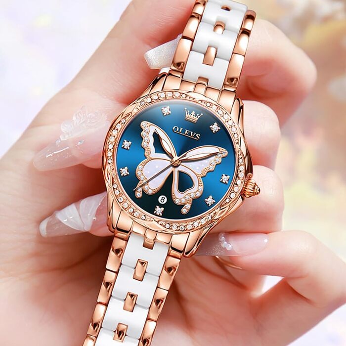 Годинник жіночий OLEVS з діамантами, елегантний, рожеве золото, керамічне скло, блакитний циферблат