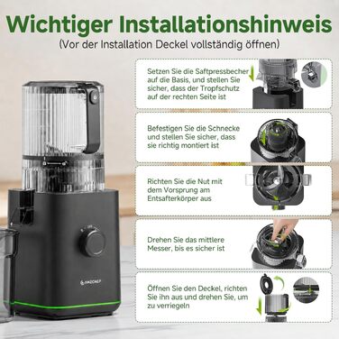 Шнекова соковижималка AMZCHEF 600W з широким завантажувальним отвором 155 мм, матово-чорна