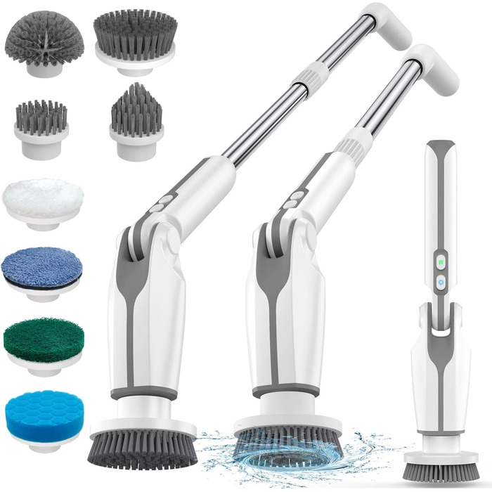 Leebein Electric Cleaning Brush, 2024 New Spin Scrubber with 8 Interchangeable Brush Heads, Remote Control, Adjustable Long Handle 38-132CM & 2 Speeds and for Bathroom/Kitchen
