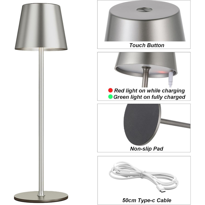 Акумуляторна LED настільна лампа бездротова з USB-C зарядкою, регульованою яскравістю та 3 режимами освітлення (сіра)