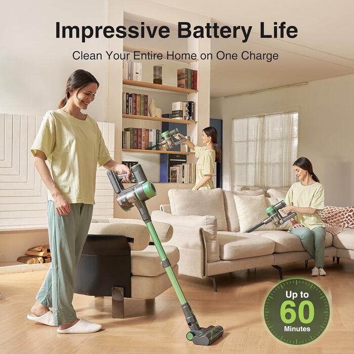 Акумуляторний пилосос 30000 Па, бездротовий пилосос з часом роботи 60 хв, тихий акумуляторний пилосос з LED-дисплеєм/антизаплутувальною насадкою, 450 Вт ручний пилосос для твердих поверхонь, килимів та шерсті тварин