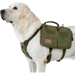 Шлейка для собак OneTigris з рюкзаком Hoppy Camper 3.0, зелена, для середніх/великих собак, рюкзак для собак з 2 основними та 4 додатковими кишенями