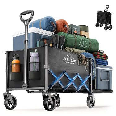 Візок пляжний Elegear складний 140л, вантажопідйомність 150кг, з гальмами, 2 тримачі для напоїв, 2 бічні кишені, чорний - для саду, пляжу, кемпінгу