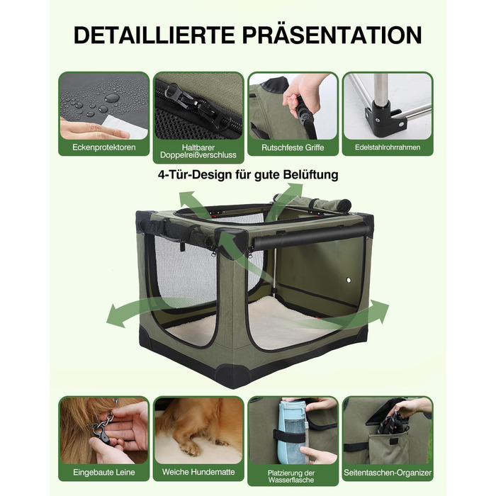 Складана переноска для собак середніх порід, 76x54x54 см, зелена. Зручна переноска для автомобіля з регульованим дизайном, міцна сітка та м'яка підстилка для дому та подорожей