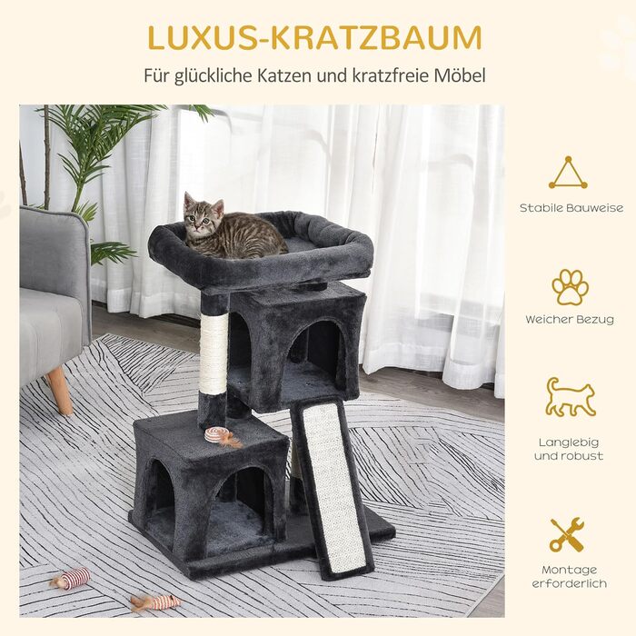 PawHut Scratching Post 83 cm Small Cat Scratching Post with Sisal Pillars, Cat Scratching Post, Cat Climbing Tree, Cat Tree, Cat Furniture Play Tree for Small Cats, Dark Grey