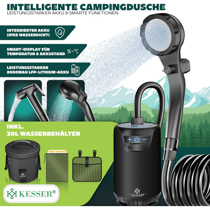 Сонячний душ KESSER® з насосом та акумулятором 8000mAh. Комплект для кемпінгу: 20л бак, регульована лійка, шланг 2м, пістолет-розпилювач, кріплення. Чорний колір.