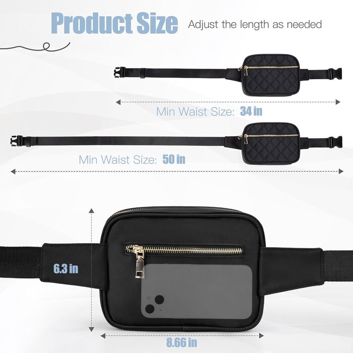 Жіноча бананка Jueachy, сумка через плече, поясна сумка, водонепроникна, чорна, ромбовий візерунок, 4 кишені на блискавці, для активного відпочинку, подорожей, фестивалів