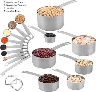 IFFMYJB Stainless Steel Measuring Cups and Spoons 16 Piece, 7 Measuring Cups & 8 Measuring Spoons with Leveler, Kitchen Premium Stackable Measuring Cups and Spoons Set, Easy to Store and Keep