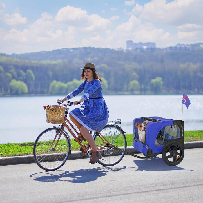 Фаркоп для собак на велосипед, причіп для собак, з прапорцем та ременем, складаний та легкий у зберіганні, кольори: червоний, пісочний, м'ятно-зелений, фіолетово-блакитний, військово-блакитний, військово-зелений (фіолетово-блакитний)