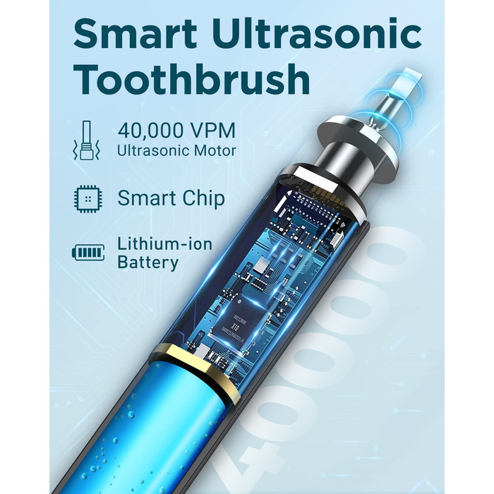 Електрична звукова зубна щітка для дорослих - відбілювання, ультразвукова, з кейсом для подорожей та зарядною станцією, 8 насадок, 5 режимів (Чорна)