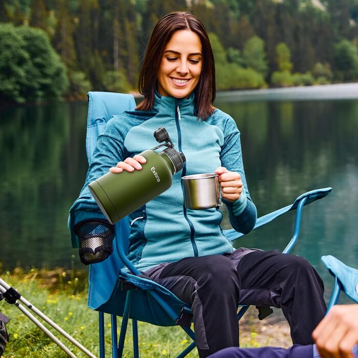 2L Stainless Steel Water Bottle with Straw, Double-Insulated Water Bottle 2 Liter with Two Lids and Protective Silicone Boot, Practical Paracord Handle for Carrying - (1893 ml, Green)