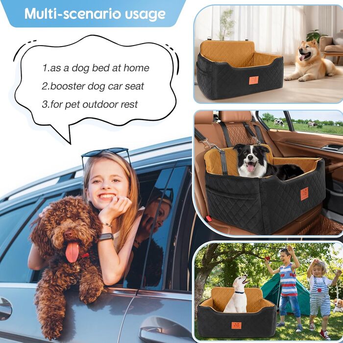 GL GLENSLAVE Dog Car Seat - Medium/Large Dogs, Up to 22kg or 2 Small Dogs - Removable & Washable Pet Car Seat (Black/Brown)