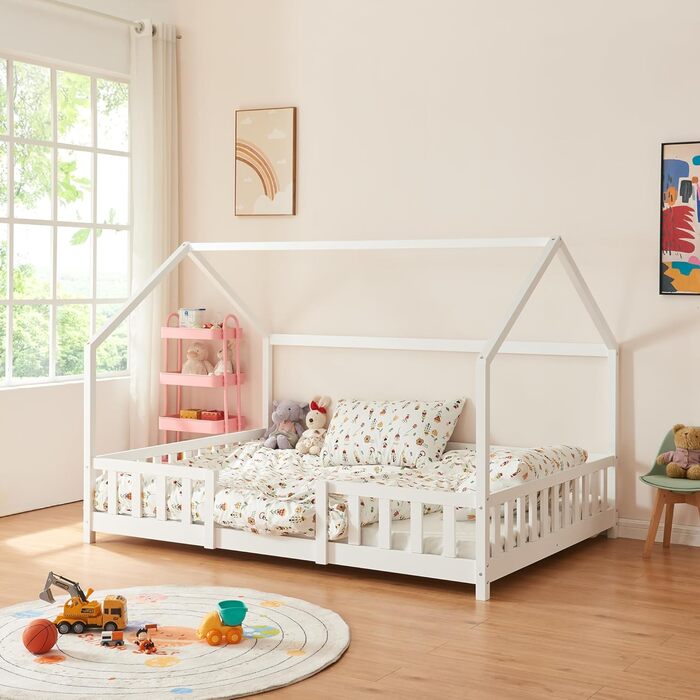 en.casa Kinderbett Sisimiut House Bed 140 x 200 cm with Side Rails, Wooden Bed for Children, Floor Bed, Slatted Frame, Pine Wood, Matt White, 140x200cm