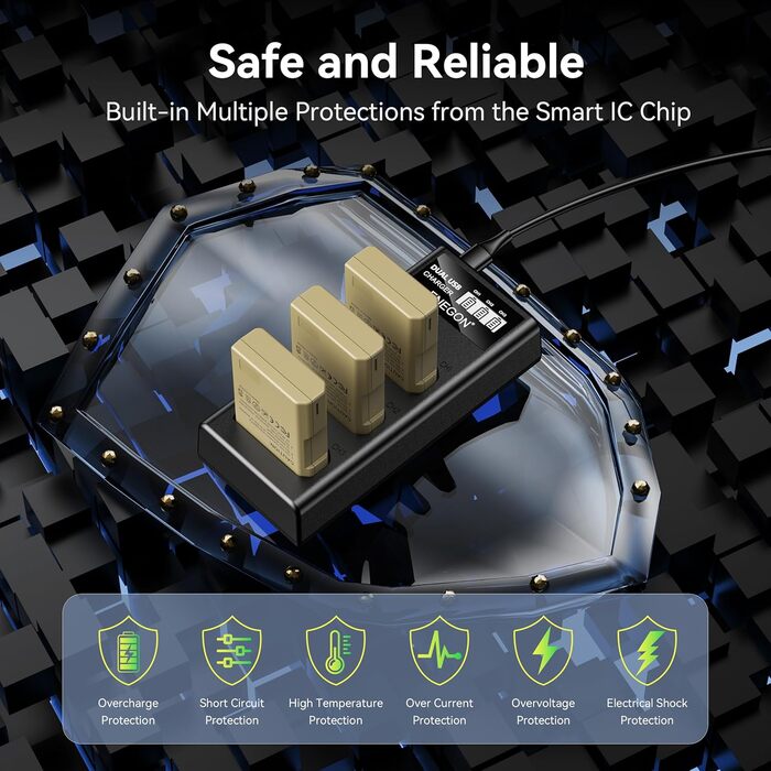Запасний акумулятор ENEGON EN-EL14/EL14a (2 шт.) та смарт-LED зарядний пристрій Dual USB для Nikon DSLR D3100, D3200, D3300, D3400, D3500, D5100, D5200, D5300, D5500, D5600, DF, Coolpix P7000, P7100, P7700, P7800 (2 акумулятори + зарядний пристрій)