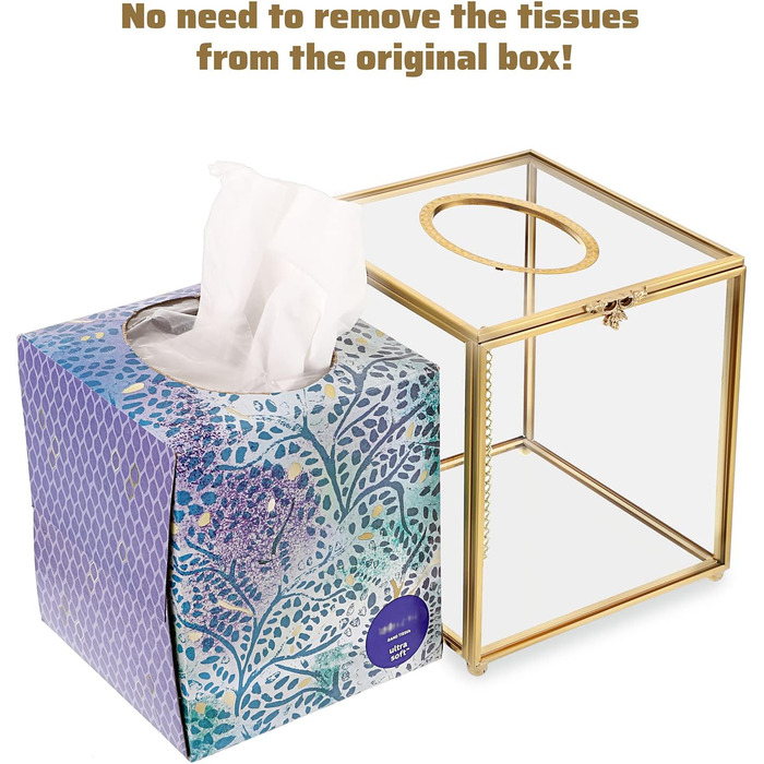 SUMNACON Glass Face Tissue Box Clear Gold Paper Box Holder, Square Napkin Box Storage Tissue Paper Box Organizer, Decorative Cube Tissue Box for Face Tissues, Napkin
