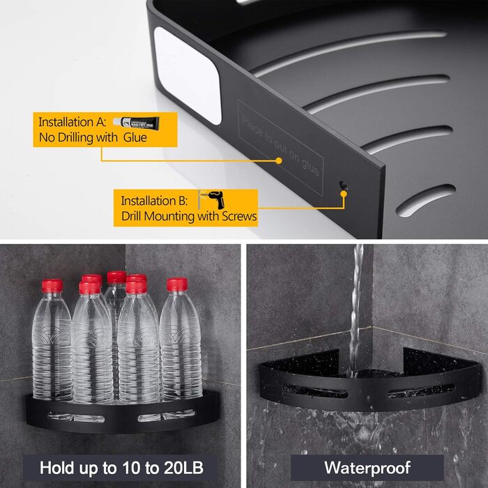 Hoomtaook Shower Corner Shelf, Shower Basket, Shower Shelves, No Drilling Required for Bathroom, Matte Finish, Bathroom Shelf, 2 Pieces Black