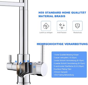 3-х шляхова кухонна змішувач з поворотним виливом 360°, 2 функції (душ, аератор), 3-в-1, з фільтром, з міді та нержавіючої сталі, з гнучкою насадкою для душу, хром