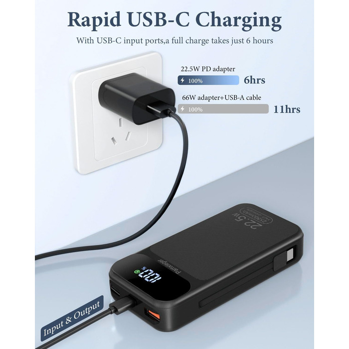 Power Bank 25800mAh 22,5W з LCD дисплеєм: швидка зарядка PD3.0 QC4.0, USB-C вхід/вихід, портативний зарядний пристрій для смартфонів