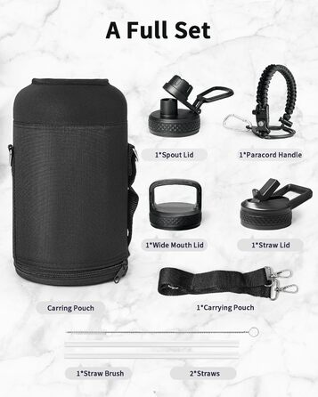 Trebo Thermos Flask with Straw 2L, Stainless Steel Water Bottle with Paracord Handle & 3 Lids, Stainless Steel Wide Mouth Drinking Bottle Large Sports Bottle Keeps Drinks Cold for 48 Hours, Black