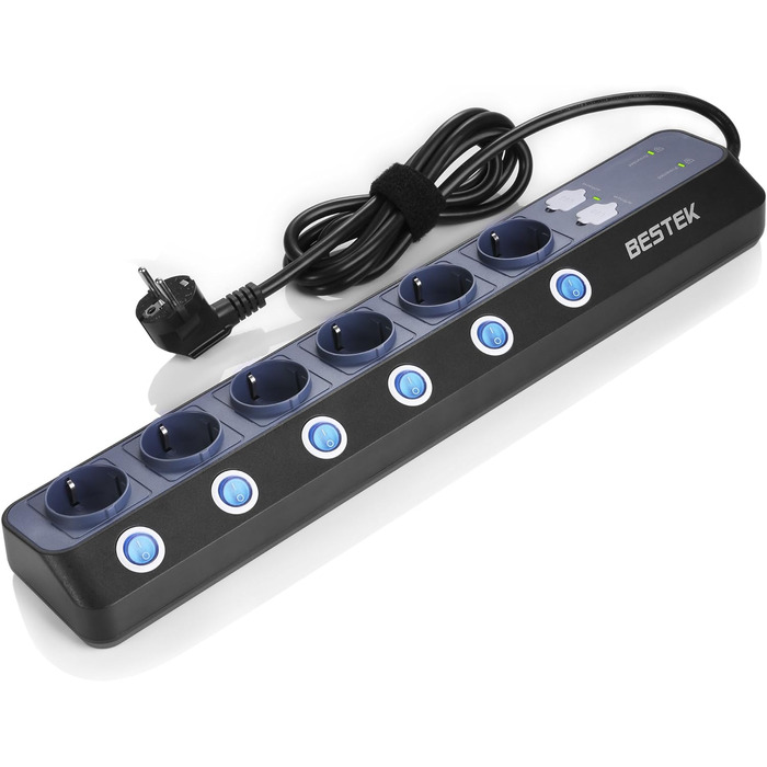 BESTEK Розподільник розеток з 6 розетками, 4 USB, захистом від перенапруги 900 Дж, з вимикачем, синьо-білий, 1.8м кабель