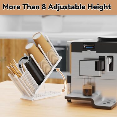 Ovicar Cup and Lid Holder – Adjustable Coffee Cup Holder, Organizer, 4 Compartments, Disposable Cup Dispenser with Coffee Capsule, Straw, Storage Basket for Coffee Station, Bar, Countertop, (White)