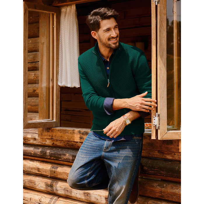 Кардиган чоловічий PJ PAUL JONES з блискавкою та стоячим коміром, грубий в'язання (S, Зелений)