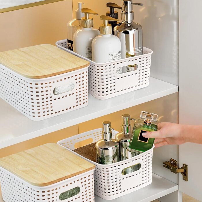 Storage Box with Bamboo Lid Small 3 Pieces 5L Storage Box Bathroom Box with Lid Bathroom Organizer 25x18x10cm Plastic Box Kitchen Storage Boxes Baskets Containers Stackable Boxes (White)