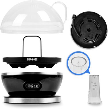 Електричний яйцеварка Duronic EB27 WE: 1-7 яєць, регулювання ступеня готовності, таймер, захист від перегріву, мірна склянка та ложка для яєць