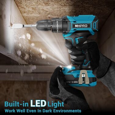 Акумуляторний шуруповерт MHPRO 21V з 2 акумуляторами 2.0Ah, 42Nm, 2 швидкості, 25+3 ступені крутного моменту, патрон 10 мм, LED-ліхтар, 14-ти елементний набір аксесуарів для дому, саду та DIY проектів (Блакитний 21V-1Akku)