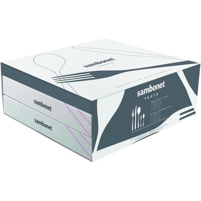 Sambonet Taste 52553-N2 - Stainless Steel Monoblock Dinnerware Set 18/10, for 12 people, 60 pieces: 12 forks, 12 spoons, 12 knives, 12 teaspoons, 12 dessert forks, dishwasher safe