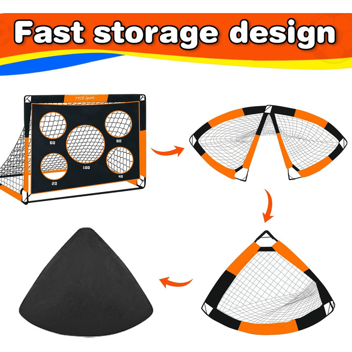 TTCB Sports 2-in-1 Kids Soccer Goal - 5 Target Areas, Pop-Up Soccer Goal Net with Carry Bag, Ideal for Soccer Training & Gifts for Boys - Orange, 150x120x120cm