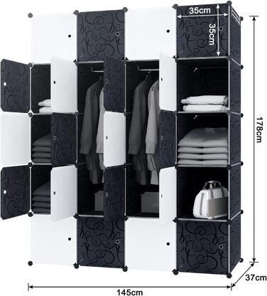 HENGMEI DIY Closet Wardrobe Storage Rack Shelf System 12-Cube Organization System Shoe Rack Closet with Door (Black) (20 Boxes)