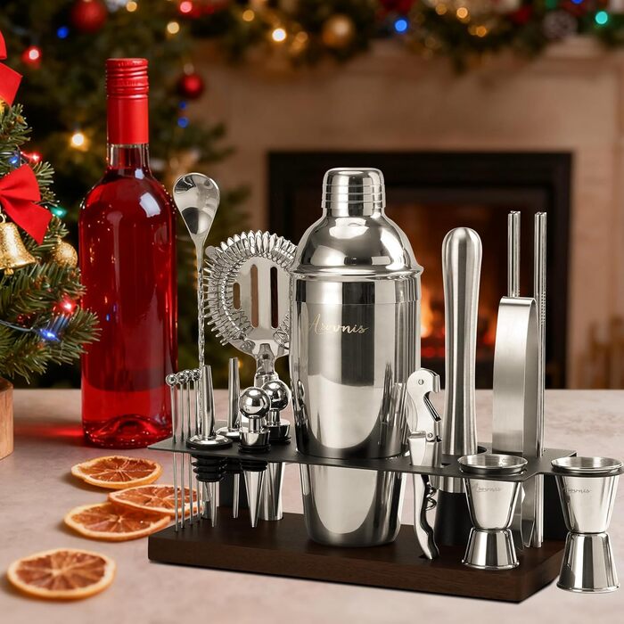 Набір бармена на 23 деталі з підставкою | Комплект шейкерів для коктейлів з усіма необхідними інструментами: шейкер Мартіні, сито, ложка, мадлер, для дому, бару, вечірки (шоколадний)