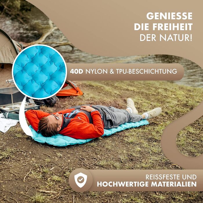 Килимок туристичний надувний NaturBummler® Ultraleicht [Cloud Nap+] (195x56 см) – для кемпінгу, трекінгу, фестивалів, подорожей – вологостійкий, складаний, зелений/блакитний