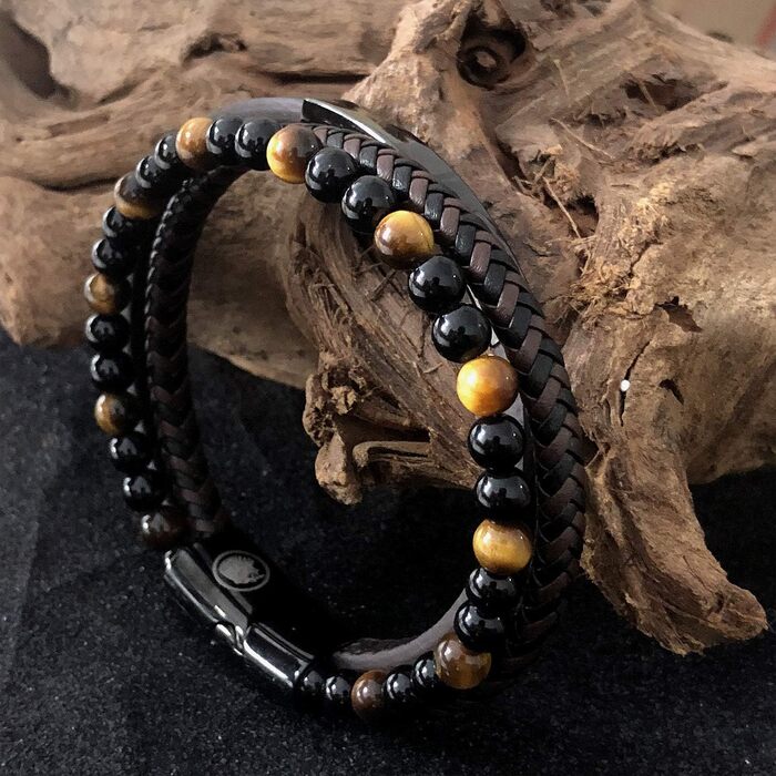 Чоловічий шкіряний браслет Casisto Lederarmband з гравіюванням, плетінка, магнітний замок, коричнево-чорний, 19 см