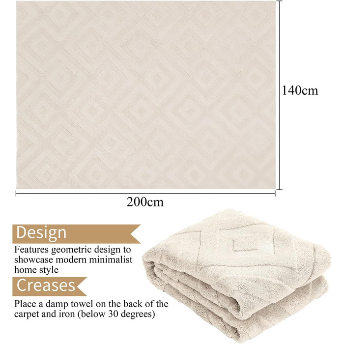 Килим для вітальні SHACOS з коротким ворсом, бежевий, геометричний з 3D ефектом, 120x160 см та 140x200 см